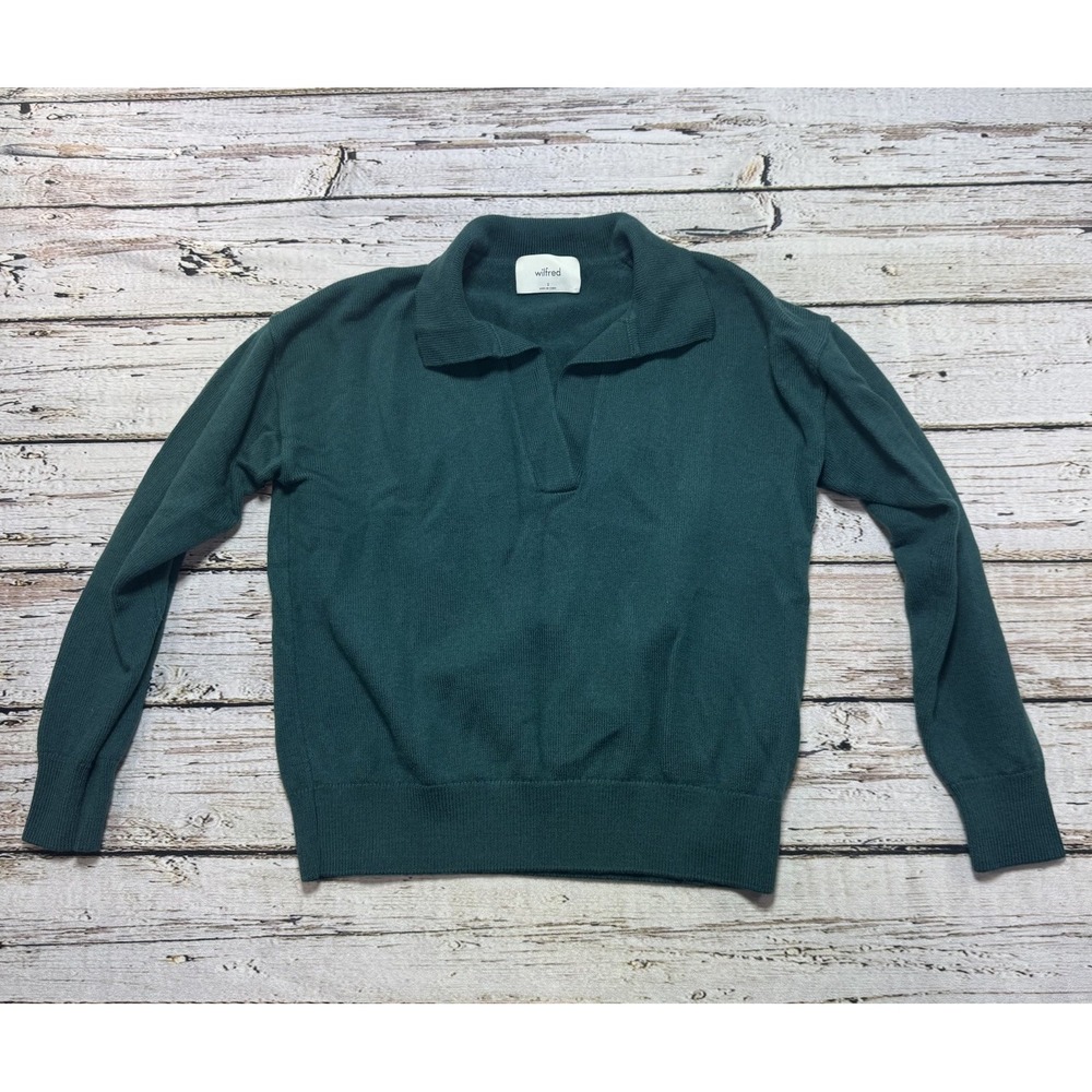 Aritzia Wilfred Sweater Women's Small Green Clara Merino Wool Crop Waist V-Neck